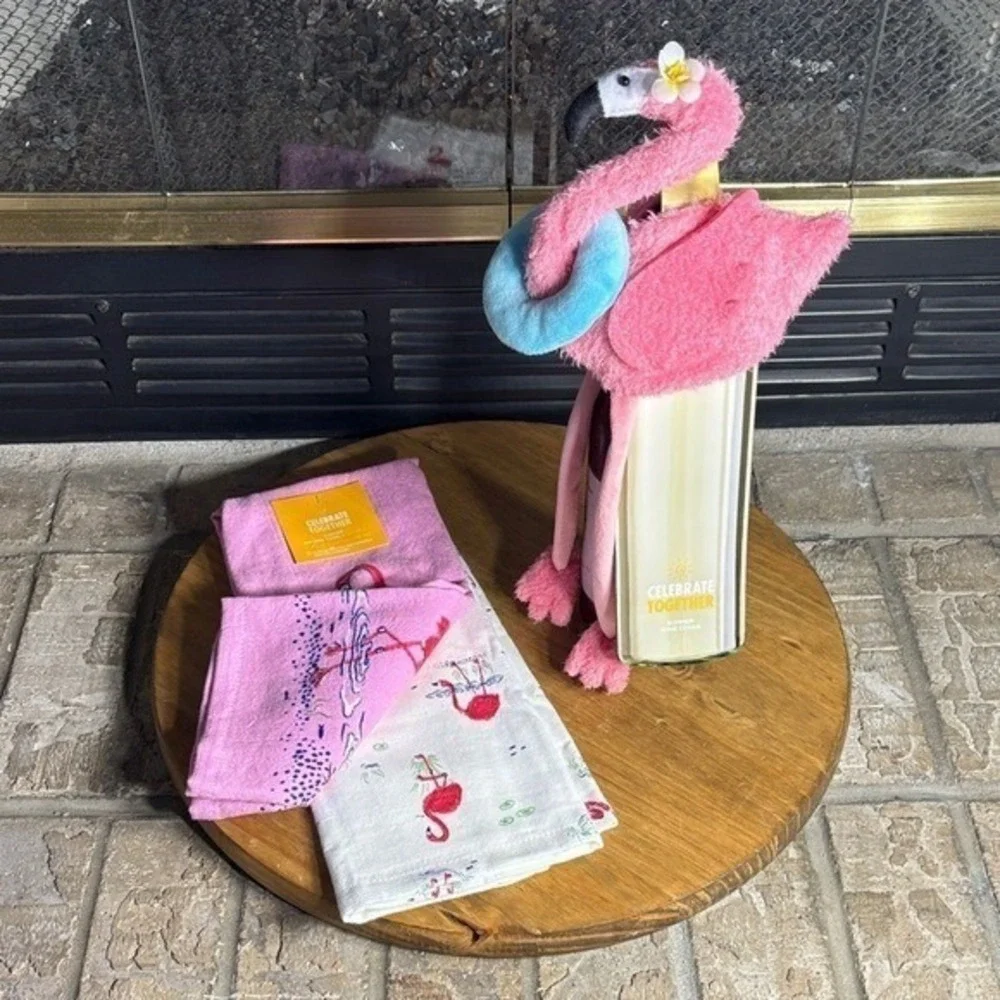Summer Pink Flamingo Wine Bottle Cover & Kitchen Hand Towel Set GIFT NEW